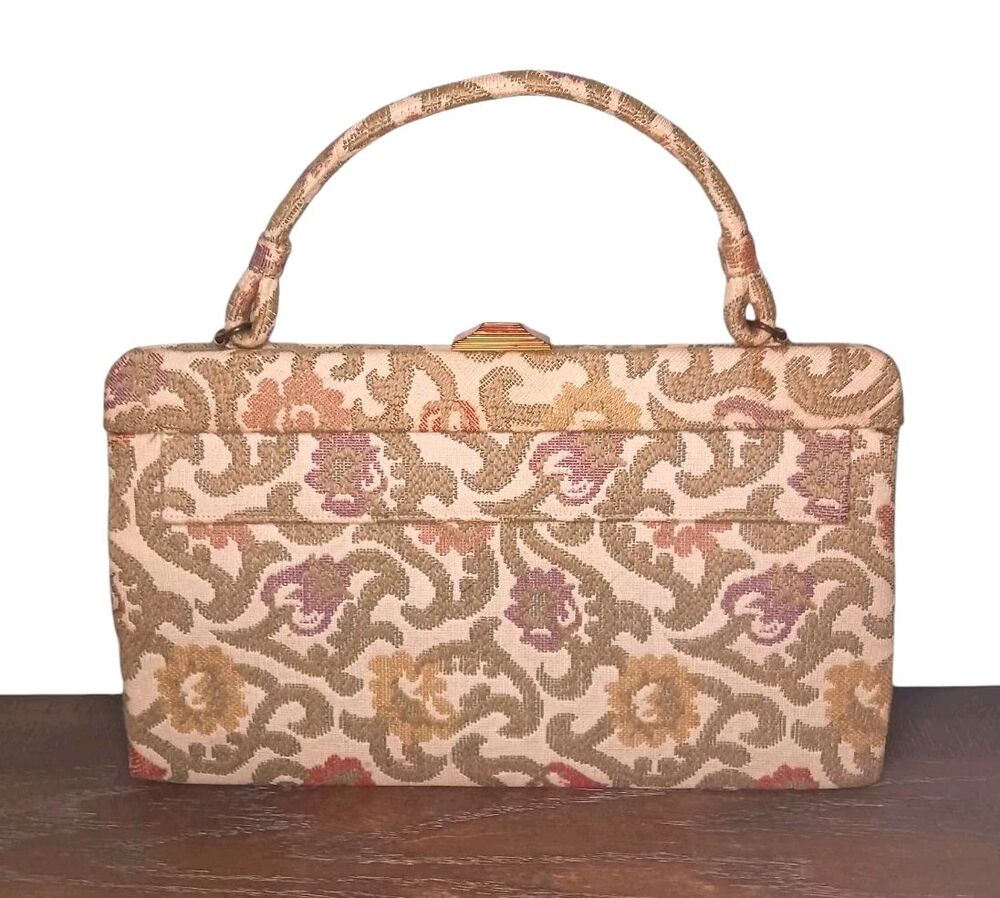 Vintage Crown Lewis Tapestry Purse Cream Floral Top Handle Bag Mid Century MCM